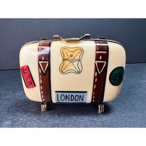 Vintage Limoges Peint Main London Suitcase Trinket Box France